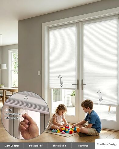 No Drill Cellular Shades for French Doors, Cordless Light Filtering Honeycomb Shades for Patio Door Privacy, Install with Adhesive Foam Tape OR Drillable Mount, 1 Pack, 26" W x 78" H, White in Kuwait