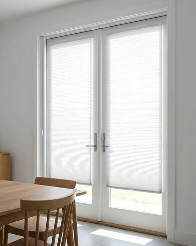 No Drill Cellular Shades for French Doors, Cordless Light Filtering Honeycomb Shades for Patio Door Privacy, Install with Adhesive Foam Tape OR Drillable Mount, 1 Pack, 26" W x 78" H, White in Kuwait