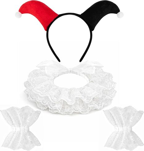 Clown Collar Headband Cuffs Set,Clown Costume Accessories with Jester Headband Ruffle Collar and Lace Wrist Cuffs in Saudi Arabia
