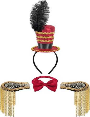 Ringmaster Costume Set for Men Women – Circus Ringmaster Hat with Black Shoulder Epaulettes and Red Bow Tie, Majorette Soldier Accessory for Halloween, Cosplay, Carnival Parade in Saudi Arabia
