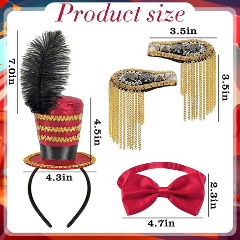 Ringmaster Costume Set for Men Women – Circus Ringmaster Hat with Black Shoulder Epaulettes and Red Bow Tie, Majorette Soldier Accessory for Halloween, Cosplay, Carnival Parade in Saudi Arabia