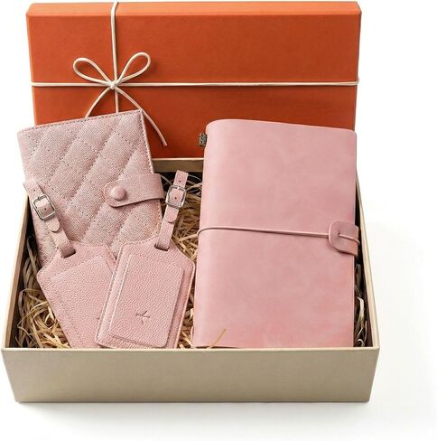 Passport Holder and Luggage Tag Set, Retirement Gifts for Women, Travel Document Organizer with Journal Notebook, Cute Pink Cruise Essentials Gift Box in Saudi Arabia