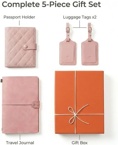 Passport Holder and Luggage Tag Set, Retirement Gifts for Women, Travel Document Organizer with Journal Notebook, Cute Pink Cruise Essentials Gift Box in Saudi Arabia