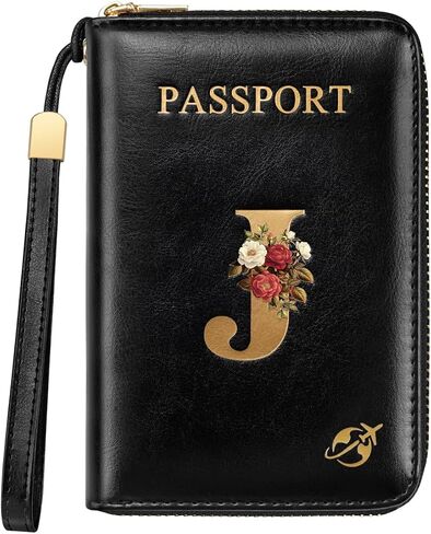 Passport Holder Cover Wallet with Zipper Personalized Initial Letter J Rose Flower RFID Blocking Travel Wallets Credit Cards Holder for Women, Gift for Wife and Girlfriend,J in Saudi Arabia