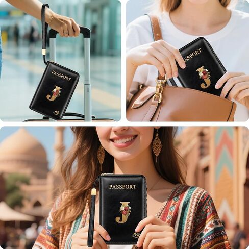Passport Holder Cover Wallet with Zipper Personalized Initial Letter J Rose Flower RFID Blocking Travel Wallets Credit Cards Holder for Women, Gift for Wife and Girlfriend,J in Saudi Arabia