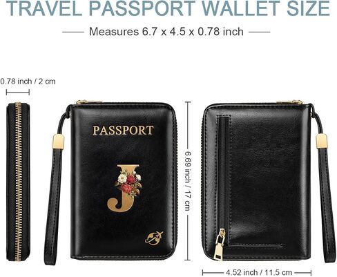 Passport Holder Cover Wallet with Zipper Personalized Initial Letter J Rose Flower RFID Blocking Travel Wallets Credit Cards Holder for Women, Gift for Wife and Girlfriend,J in Saudi Arabia