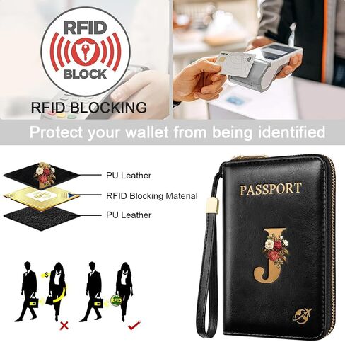 Passport Holder Cover Wallet with Zipper Personalized Initial Letter J Rose Flower RFID Blocking Travel Wallets Credit Cards Holder for Women, Gift for Wife and Girlfriend,J in Saudi Arabia