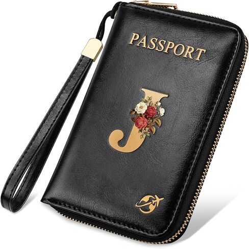 Passport Holder Cover Wallet with Zipper Personalized Initial Letter J Rose Flower RFID Blocking Travel Wallets Credit Cards Holder for Women, Gift for Wife and Girlfriend,J in Saudi Arabia