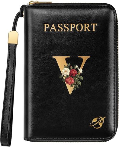 Passport Holder Cover Wallet with Zipper Personalized Initial Letter J Rose Flower RFID Blocking Travel Wallets Credit Cards Holder for Women, Gift for Wife and Girlfriend,J in Saudi Arabia