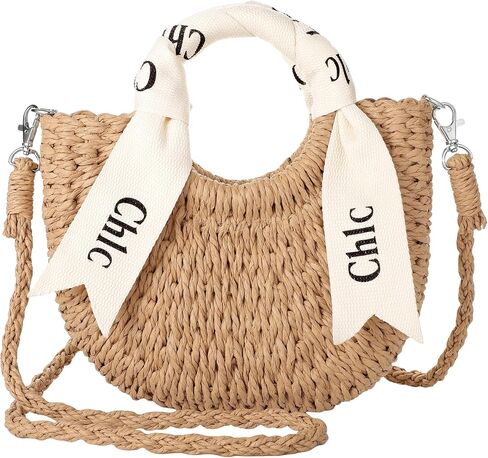 Straw Bag - Cute Woven Straw Purse, Beach Bags for Women Vacation & Daily Use, Handbag or Crossbody Summer Purse with Ribbon in Kuwait