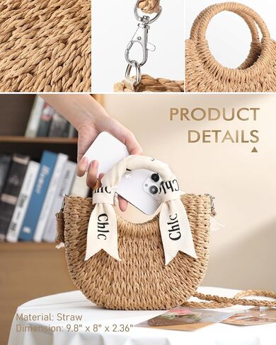 Straw Bag - Cute Woven Straw Purse, Beach Bags for Women Vacation & Daily Use, Handbag or Crossbody Summer Purse with Ribbon in Kuwait