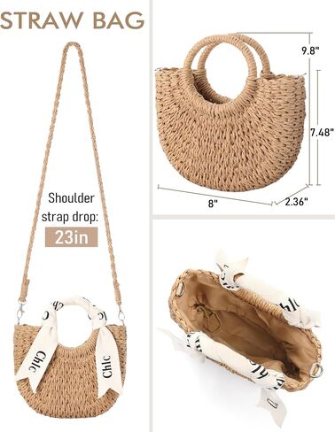 Straw Bag - Cute Woven Straw Purse, Beach Bags for Women Vacation & Daily Use, Handbag or Crossbody Summer Purse with Ribbon in Kuwait