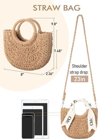 Straw Bag - Cute Woven Straw Purse, Beach Bags for Women Vacation & Daily Use, Handbag or Crossbody Summer Purse with Ribbon in Kuwait