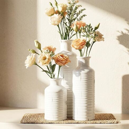 Firehold Ceramic Vase Set of 3, Rustic Home Decor Vases for Modern Farmhouse, White Boho Flower Vases for Shelf, Mantel, Table Decor, Small Decorative Vase for Dried Flowers & Pampas Grass in Kuwait