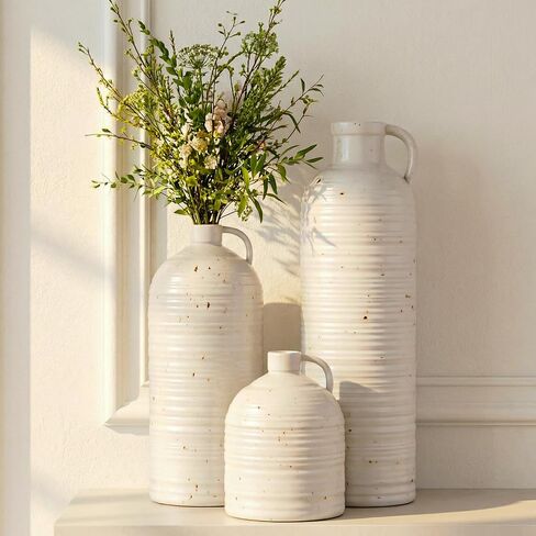 Firehold Ceramic Vase Set of 3, Rustic Home Decor Vases for Modern Farmhouse, White Boho Flower Vases for Shelf, Mantel, Table Decor, Small Decorative Vase for Dried Flowers & Pampas Grass in Kuwait