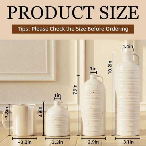 Firehold Ceramic Vase Set of 3, Rustic Home Decor Vases for Modern Farmhouse, White Boho Flower Vases for Shelf, Mantel, Table Decor, Small Decorative Vase for Dried Flowers & Pampas Grass in Kuwait