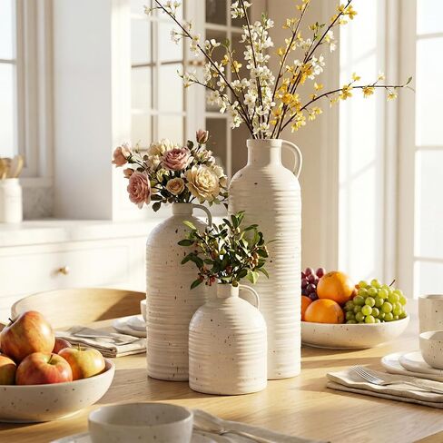 Firehold Ceramic Vase Set of 3, Rustic Home Decor Vases for Modern Farmhouse, White Boho Flower Vases for Shelf, Mantel, Table Decor, Small Decorative Vase for Dried Flowers & Pampas Grass in Kuwait