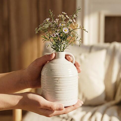 Firehold Ceramic Vase Set of 3, Rustic Home Decor Vases for Modern Farmhouse, White Boho Flower Vases for Shelf, Mantel, Table Decor, Small Decorative Vase for Dried Flowers & Pampas Grass in Kuwait