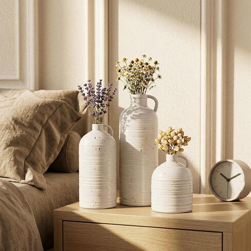 Firehold Ceramic Vase Set of 3, Rustic Home Decor Vases for Modern Farmhouse, White Boho Flower Vases for Shelf, Mantel, Table Decor, Small Decorative Vase for Dried Flowers & Pampas Grass in Kuwait