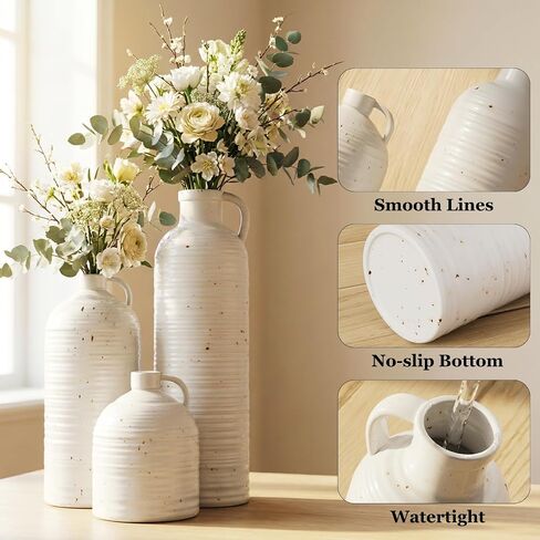 Firehold Ceramic Vase Set of 3, Rustic Home Decor Vases for Modern Farmhouse, White Boho Flower Vases for Shelf, Mantel, Table Decor, Small Decorative Vase for Dried Flowers & Pampas Grass in Kuwait