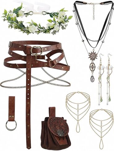 8pcs Renaissance Costume Accessories Set for Women, Elven Fairy Jewelry with Flower Headpiece, Viking Medieval Leather Belt Pouch Ren Faire Accessories Costumes for Halloween Cosplay in Saudi Arabia