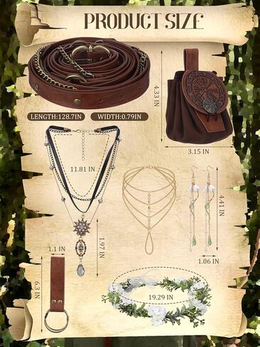 8pcs Renaissance Costume Accessories Set for Women, Elven Fairy Jewelry with Flower Headpiece, Viking Medieval Leather Belt Pouch Ren Faire Accessories Costumes for Halloween Cosplay in Saudi Arabia
