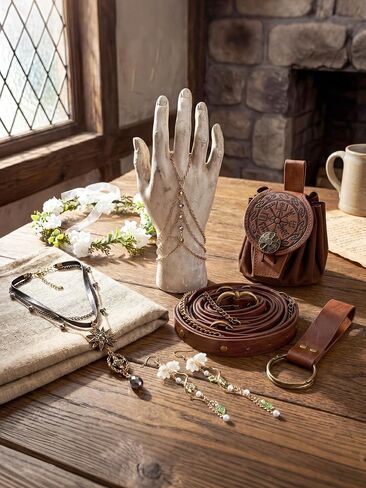 8pcs Renaissance Costume Accessories Set for Women, Elven Fairy Jewelry with Flower Headpiece, Viking Medieval Leather Belt Pouch Ren Faire Accessories Costumes for Halloween Cosplay in Saudi Arabia