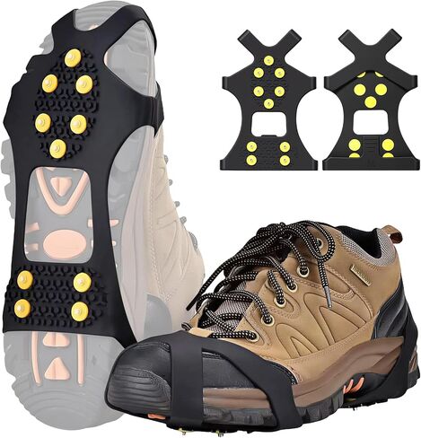 TENOC Ice Cleats Crampons للأحذية والأحذية الطويلة، زوج واحد، مقابض ثلج مع 10 مسامير فولاذية، مسامير مشي مضادة للانزلاق للمشي لمسافات طويلة وصيد الأسماك والمشي في الشتاء، غطاء أحذية آمن، أسود in Kuwait