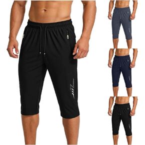 Mens Athletic Capri Pants with Zipper Pockets Elastic Waist Drawstring Below Knee Pants Gym Workout Hiking 3/4 Shorts in Saudi Arabia