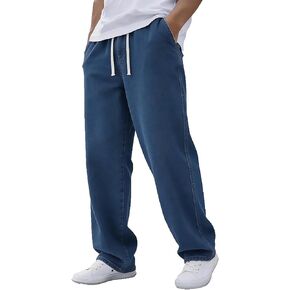 Ctreela Men's Regular Fit Wide Leg Trousers Drawstring Elastic Waist Denim Pants Y2K Straight Leg Pant for Streetwear in Saudi Arabia