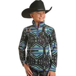 Powder River Kid's Black & Blue Aztec 1/4 Zip Pullover PRKO91RZXV-01 in Saudi Arabia