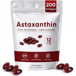 ROVINA Astaxanthin 12 mg 200 Softgels, Natural Astaxanthin | Non-GMO, Gluten-Free, Soy Free | Daily Eye, Skin Support in Saudi Arabia