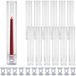 Glass Hurricane Candle Holders – 12 Clear Cylinder Covers & 12 Taper Candlestick Holders, 2.6" D x 13.8" H Windproof Candle Holders for Wedding, Patio Table, Outdoor Christmas Party Décor (12) in Saudi Arabia