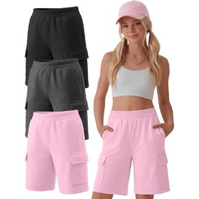 3 Pack Girls' Bermuda Cargo Shorts Kids Knee-Length Athletic Shorts with Pockets Elastic Waist Summer Clothes 5-14Y in Kuwait