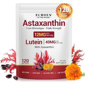 KZUO Astaxanthin 12MG & Lutein 40MG with Zeaxanthin Supplements, Fresh Microalgae Source, Supports Eye, Skin, Antioxidant, Health Non-GMO Gluten Free, Lab-Tested - 120 Softgels in Saudi Arabia