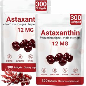 Astaxanthin 12mg - 2 Packs Potent Antioxidant Supplements for Eye, Skin, Fresh Microalgae Source, Promotes Immune Health & Internal Circulation, Non-GMO & Gluten Free, 600 Softgels in Saudi Arabia