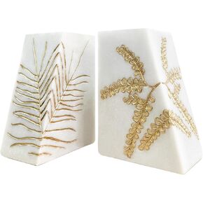 Heavy Duty Book Ends for Shelves, Decorative Book Ends for Heavy Books, Resin Modern Bookends with Marble Texture & Gold Botanical Detail, Minimalist Bookends for Home Decor, Set of 2 in Saudi Arabia