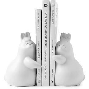 Cute Rabbit Decorative Bookends White, Ceramic Unique Book Holders for Shelves, Heavy Duty Book Ends Stopper for Home Office Desk Bookshelf Decoration in Saudi Arabia