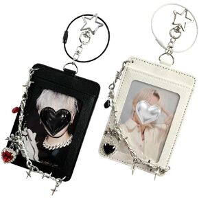 K-pop Photocard Holder Keychain with Punk Style Charms, Hard Protective Card Case,Chain Decoration, Black and White, 2 pcs in Saudi Arabia