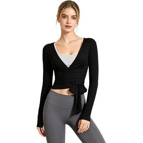 Women Ballet Wrap Top Long Sleeve Workout Cross Tie Front Y2k Shirt Yoga Pilates Dance V Neck Tops Fit Casual Blouse in Saudi Arabia