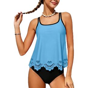 Girls Swimsuit Tankini Two Piece,Color-Block Square Neckline Girls Bathing Suit 9-16Y in Saudi Arabia