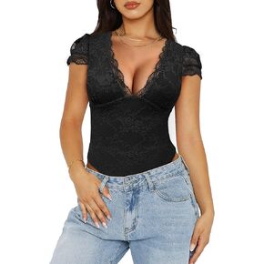 Saslax Women's Sexy Deep V Neck Lace Bodysuit Short Sleeve Double Lined Thong Body Suit for Going Out Date Night Club in Saudi Arabia
