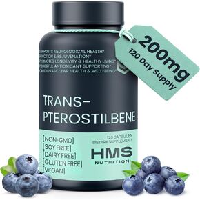 HMS Nutrition Trans‑Pterostilbene 200 mg — High Bioavailability Antioxidant for Healthy Aging, Cellular, Brain & Heart Support — Vegan, Non‑GMO, Soy‑Free, Gluten‑Free, 120 Capsules (120 Day Supply) in Saudi Arabia