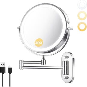 Wall Mounted Makeup Mirror with Light, 8 Inch 1X/30X Magnifying Mirror, Rechargeable 4000mAh, Double Sided, Extendable Arm, 360° Swivel Bathroom Mirror in Saudi Arabia