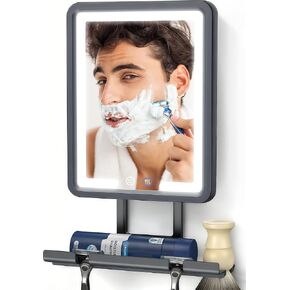 Heated Shower Mirror Fogless for Shaving with 3-Color Dimmable LED Lights, Rechargeable, 360 Degree Adjustable, Drill-Free, All-in-One Storage Tray Holds Shaving Foam, Brush and 2 Razors, Black in Saudi Arabia