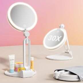 Travel Makeup Mirror with Lights 2026 New, 1X/30X Magnification Double Sided Lighted Mirror, 3 Color Lighting & Stepless Dimming, 2000mAh Foldable Portable Mirror for Desk & Travel in Saudi Arabia