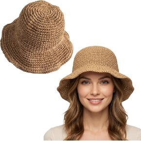 Straw Bucket Hat for Women, Raffia Bucket Hat with Classic Design, Crochet Bucket Hat for Outdoor Activities, Lightweight Straw Bucket Hats for Beach and Sun Protection Brown in Kuwait
