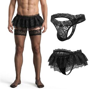 Men's Lace Outfit Set – 3 Pcs Mesh Skirt Thong Panties Stockings Low Rise Lingerie for Men Lightweight Costume in Kuwait