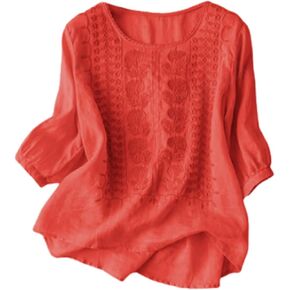 Linen Shirt Women Short Sleeve Embroidered Tops Trendy Summer Boho Crew Neck Blouse Dressy Casual Lounge Beach Top in Saudi Arabia