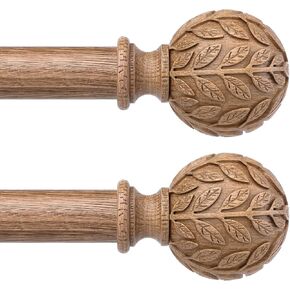Curtain Rod 36-122 Inch, Boho Decorative 1 Inch Wood Rustic Curtain Rods for Windows, Adjustable Heavy Duty Long Vintage Window Treatment Rods, Imitation Weathered Wood Grain Leaf Finials in Kuwait